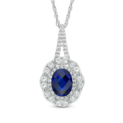 Oval Lab-Created Blue and White Sapphire Double Frame Pendant in Sterling Silver