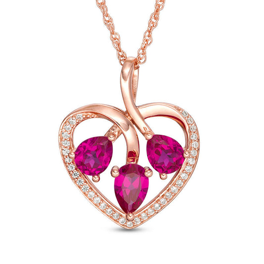 Pear-Shaped Lab-Created Ruby and White Sapphire Three Stone Heart Pendant in Sterling Silver with 14K Rose Gold