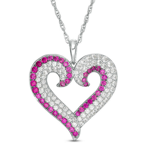 Lab-Created Ruby and White Sapphire Curly Heart Pendant in Sterling Silver