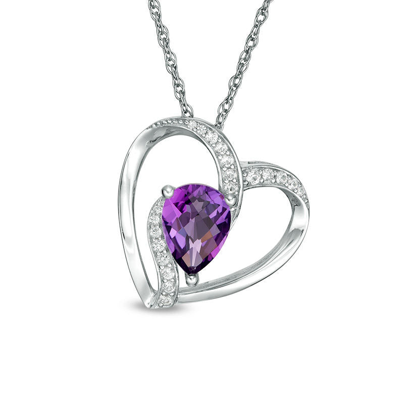 Pear-Shaped Amethyst and Lab-Created White Sapphire Tilted Heart Pendant in Sterling Silver