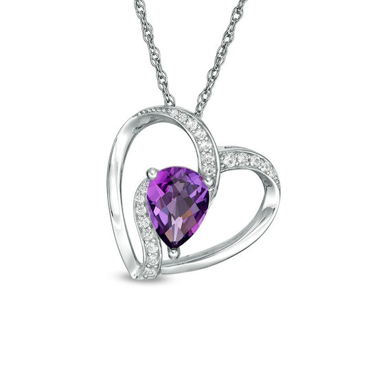 Pear-Shaped Amethyst and Lab-Created White Sapphire Tilted Heart Pendant in Sterling Silver