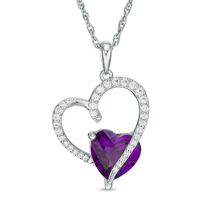 8.0mm Amethyst and Lab-Created White Sapphire Tilted Heart Pendant in Sterling Silver