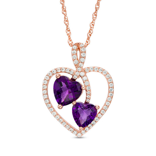 Amethyst and Lab-Created White Sapphire Heart Pendant in Sterling Silver with 14K Rose Gold Plate