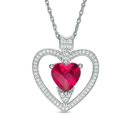 8.0mm Lab-Created Ruby and White Sapphire Heart with Arrow Pendant in Sterling Silver