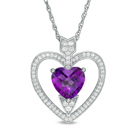 8.0mm Amethyst and Lab-Created White Sapphire Heart with Arrow Pendant in Sterling Silver