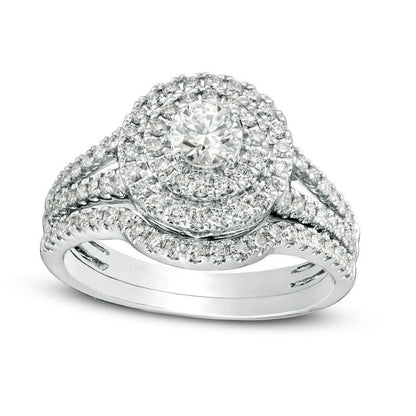 1.0 CT. T.W. Certified Natural Diamond Double Frame Split Shank Bridal Engagement Ring Set in Solid 14K White Gold (I/I1)