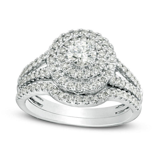 1.0 CT. T.W. Certified Natural Diamond Double Frame Split Shank Bridal Engagement Ring Set in Solid 14K White Gold (I/I1)