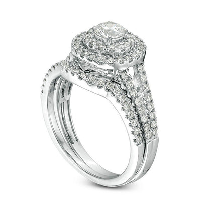 1.0 CT. T.W. Certified Natural Diamond Double Frame Split Shank Bridal Engagement Ring Set in Solid 14K White Gold (I/I1)