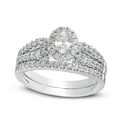 1.0 CT. T.W. Certified Oval Natural Diamond Frame Split Shank Bridal Engagement Ring Set in Solid 14K White Gold (I/I1)