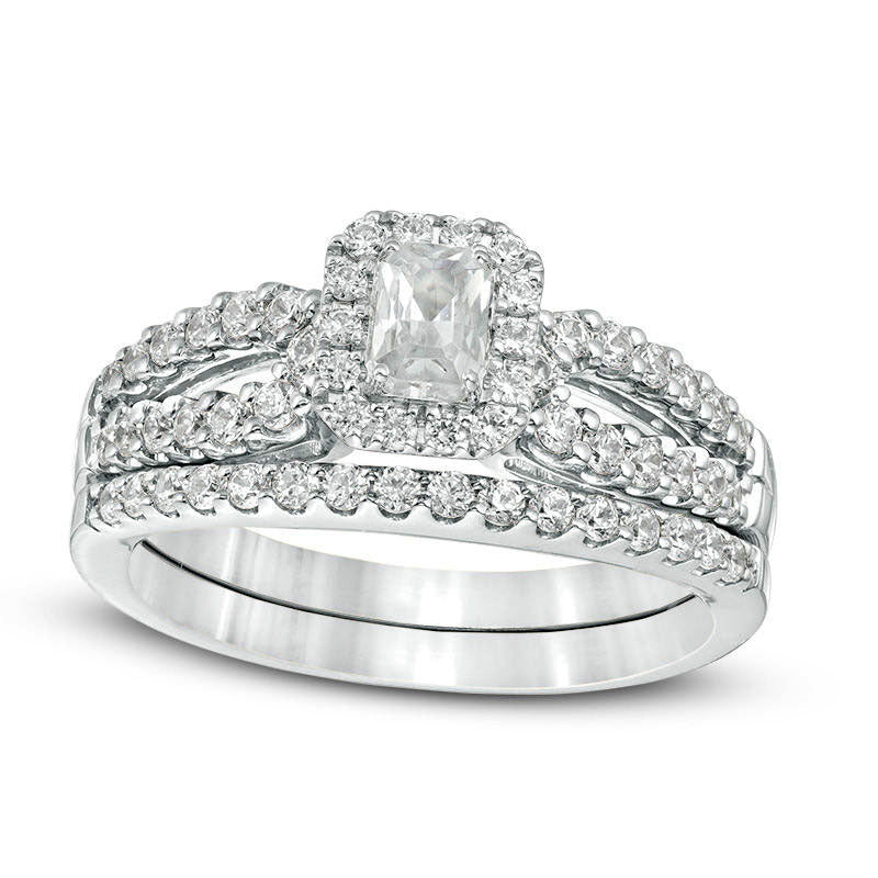 1.0 CT. T.W. Certified Emerald-Cut Natural Diamond Frame Split Shank Bridal Engagement Ring Set in Solid 14K White Gold (I/I1)