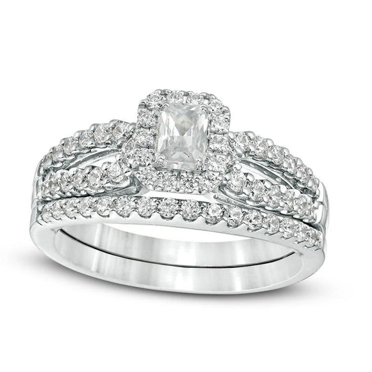 1.0 CT. T.W. Certified Emerald-Cut Natural Diamond Frame Split Shank Bridal Engagement Ring Set in Solid 14K White Gold (I/I1)