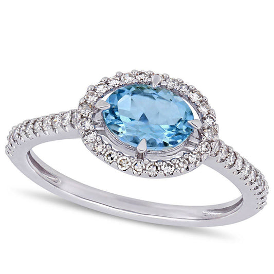 Sideways Oval Aquamarine and 0.25 CT. T.W. Natural Diamond Frame Ring in Solid 10K White Gold
