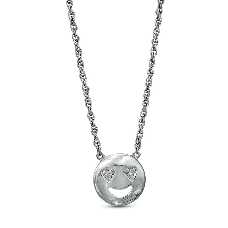 Natural Diamond Accent Smiley Face with Heart-Eyes Necklace in Sterling Silver