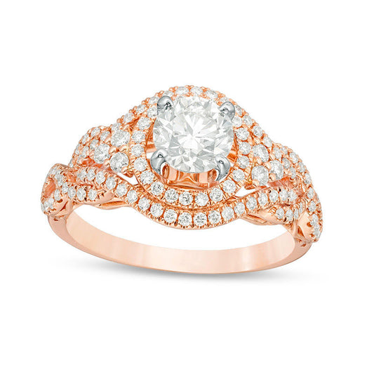 1.0 CT. T.W. Natural Diamond Double Frame Tri-Sides Twist Engagement Ring in Solid 14K Rose Gold