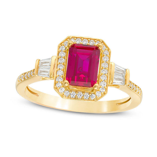 Emerald-Cut Lab-Created Ruby and 0.25 CT. T.W. Diamond Frame Ring in Solid 10K Yellow Gold