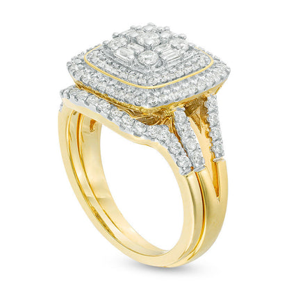 1.0 CT. T.W. Composite Natural Diamond Double Cushion Frame Bridal Engagement Ring Set in Solid 10K Yellow Gold