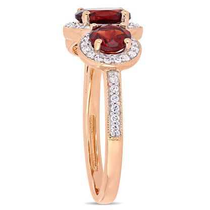 Oval Garnet and 0.25 CT. T.W. Natural Diamond Three Stone Frame Antique Vintage-Style Ring in Sterling Silver with Rose Rhodium