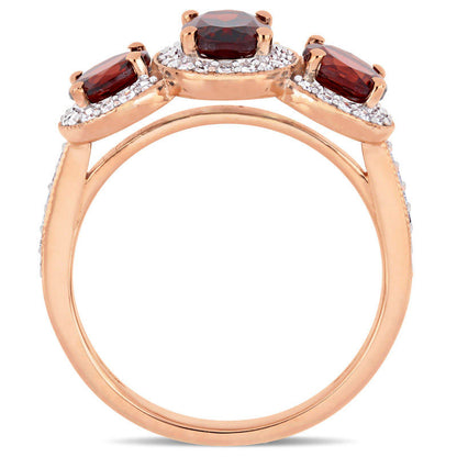 Oval Garnet and 0.25 CT. T.W. Natural Diamond Three Stone Frame Antique Vintage-Style Ring in Sterling Silver with Rose Rhodium