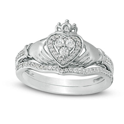 0.25 CT. T.W. Composite Natural Diamond Claddagh Bridal Engagement Ring Set in Solid 10K White Gold