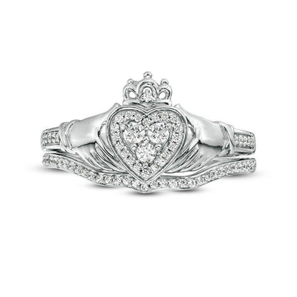 0.25 CT. T.W. Composite Natural Diamond Claddagh Bridal Engagement Ring Set in Solid 10K White Gold