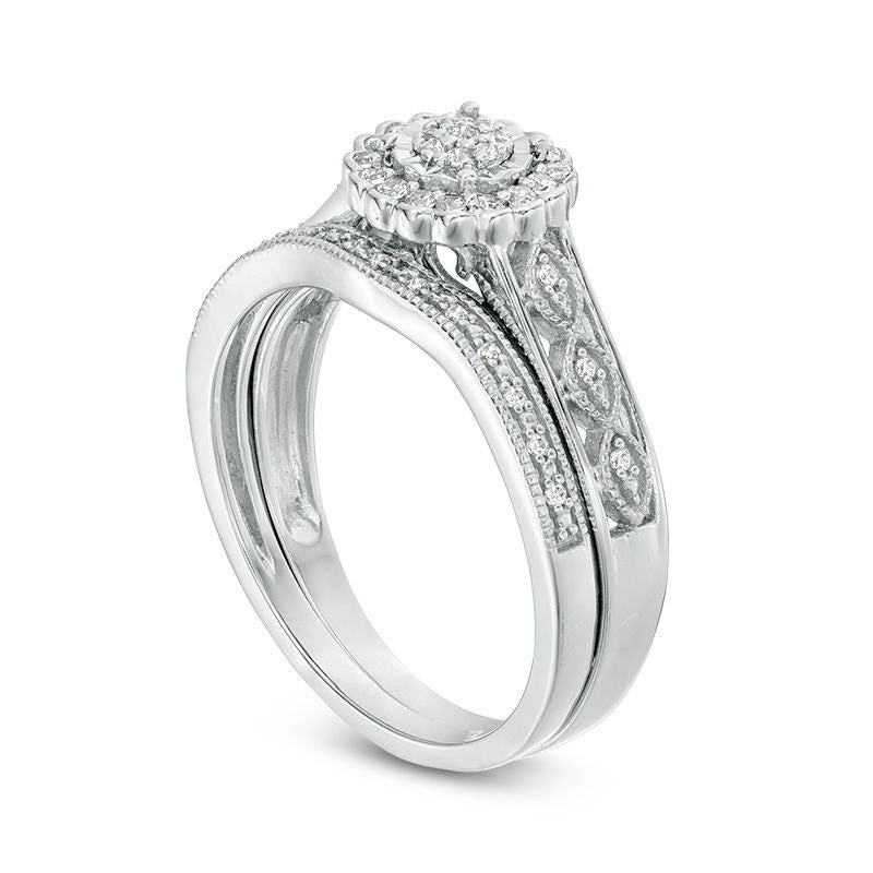 0.20 CT. T.W. Composite Natural Diamond Flower Frame Antique Vintage-Style Bridal Engagement Ring Set in Sterling Silver