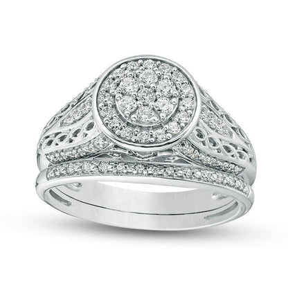 0.50 CT. T.W. Composite Natural Diamond Double Frame Filigree Bridal Engagement Ring Set in Sterling Silver