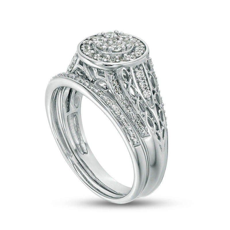 0.50 CT. T.W. Composite Natural Diamond Double Frame Filigree Bridal Engagement Ring Set in Sterling Silver