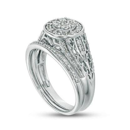 0.50 CT. T.W. Composite Natural Diamond Double Frame Filigree Bridal Engagement Ring Set in Sterling Silver