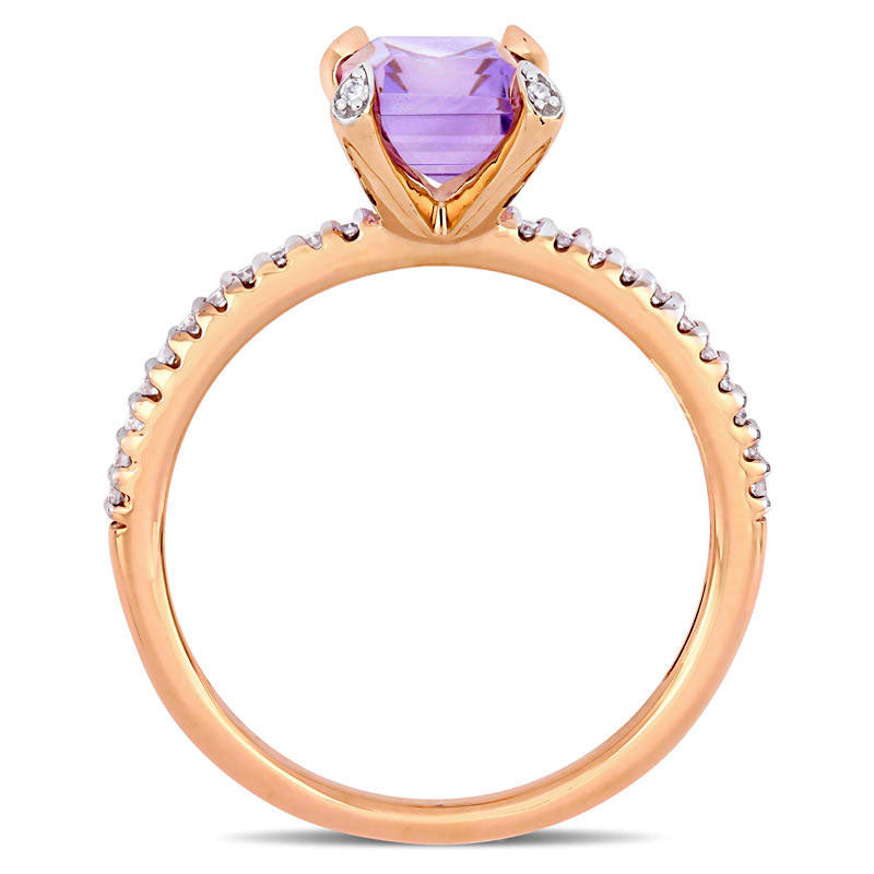Emerald-Cut Rose de France Amethyst and 0.10 CT. T.W. Natural Diamond Engagement Ring in Solid 10K Rose Gold