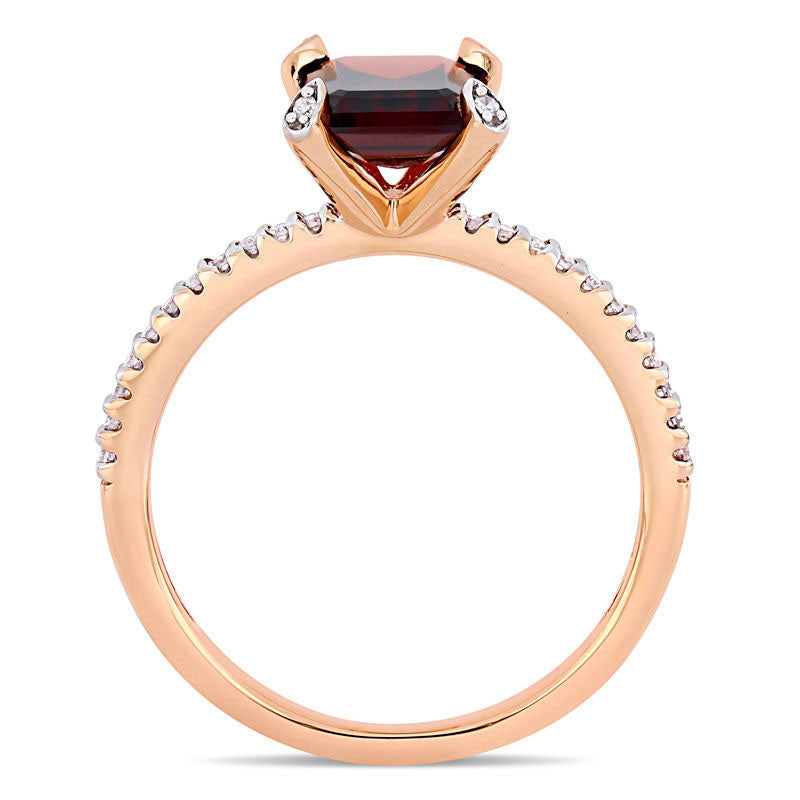 Emerald-Cut Garnet and 0.10 CT. T.W. Natural Diamond Engagement Ring in Solid 10K Rose Gold