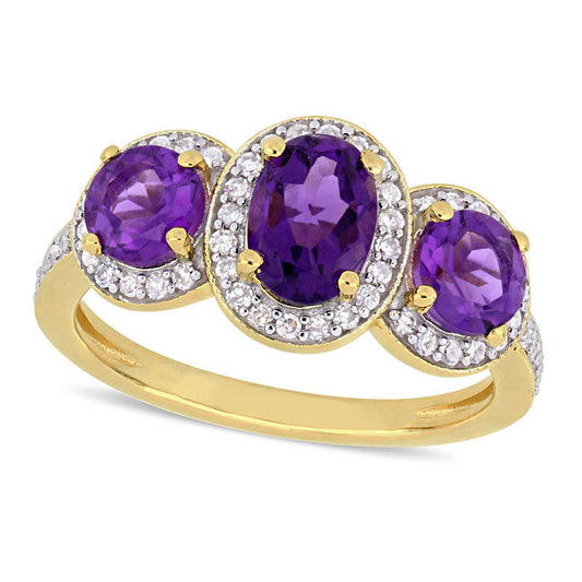 Oval Amethyst and 0.25 CT. T.W. Natural Diamond Three Stone Frame Antique Vintage-Style Ring in Sterling Silver with Yellow Rhodium