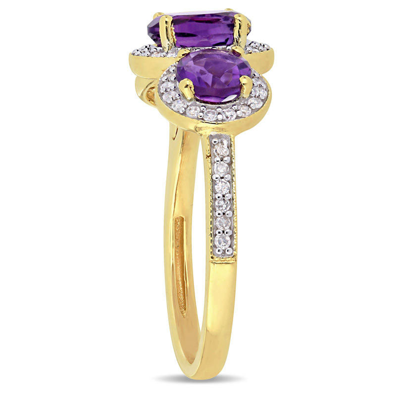 Oval Amethyst and 0.25 CT. T.W. Natural Diamond Three Stone Frame Antique Vintage-Style Ring in Sterling Silver with Yellow Rhodium