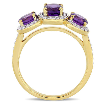 Oval Amethyst and 0.25 CT. T.W. Natural Diamond Three Stone Frame Antique Vintage-Style Ring in Sterling Silver with Yellow Rhodium