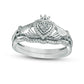 0.17 CT. T.W. Composite Natural Diamond Heart Frame Twist Claddagh Bridal Engagement Ring Set in Solid 10K White Gold