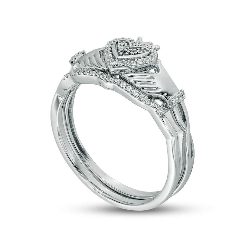 0.17 CT. T.W. Composite Natural Diamond Heart Frame Twist Claddagh Bridal Engagement Ring Set in Solid 10K White Gold