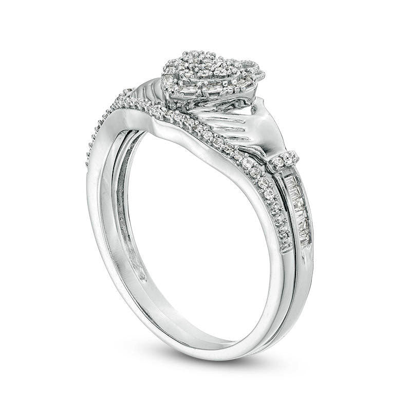 0.25 CT. T.W. Composite Natural Diamond Frame Claddagh Bridal Engagement Ring Set in Solid 10K White Gold