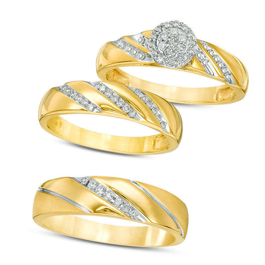 0.33 CT. T.W. Composite Natural Diamond Frame Slant Wedding Ensemble in Solid 10K Yellow Gold - Size 7 and 10