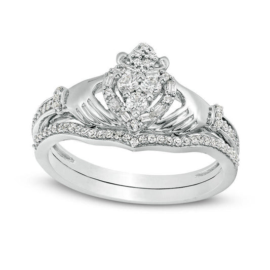 0.33 CT. T.W. Natural Diamond Frame Claddagh Bridal Engagement Ring Set in Solid 10K White Gold