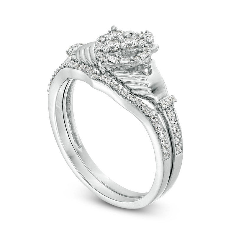 0.33 CT. T.W. Natural Diamond Frame Claddagh Bridal Engagement Ring Set in Solid 10K White Gold