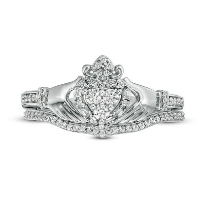 0.33 CT. T.W. Natural Diamond Frame Claddagh Bridal Engagement Ring Set in Solid 10K White Gold