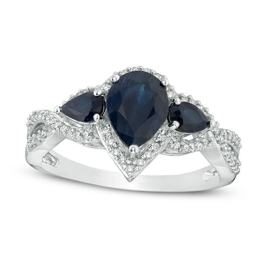 Pear-Shaped Blue Sapphire and 0.17 CT. T.W. Natural Diamond Frame Three Stone Twist Shank Ring in Solid 10K White Gold