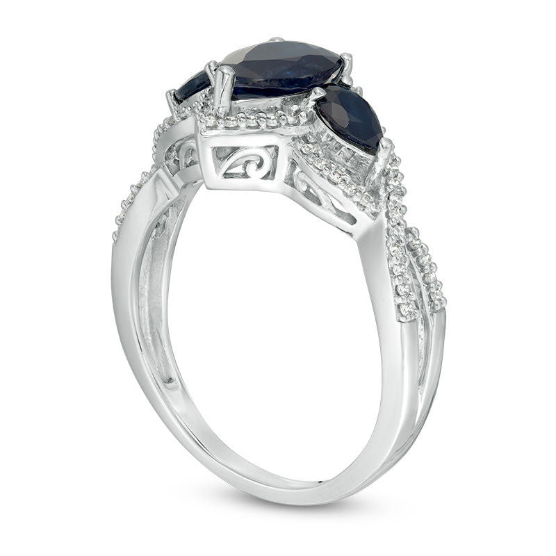 Pear-Shaped Blue Sapphire and 0.17 CT. T.W. Natural Diamond Frame Three Stone Twist Shank Ring in Solid 10K White Gold