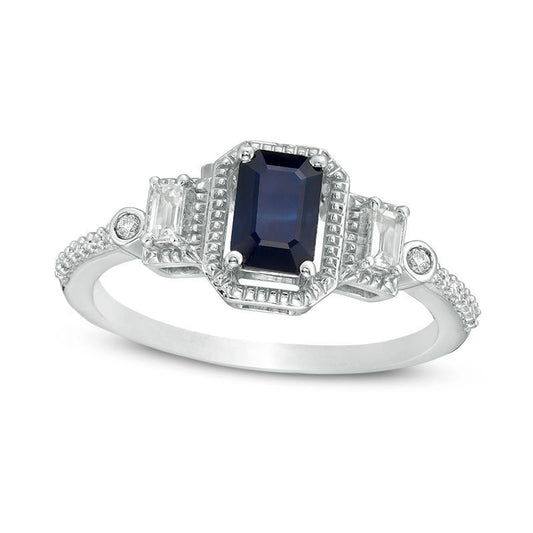 Emerald-Cut Blue and White Sapphire with 0.05 CT. T.W. Natural Diamond Bead Frame Three Stone Art Deco Ring in Solid 10K White Gold