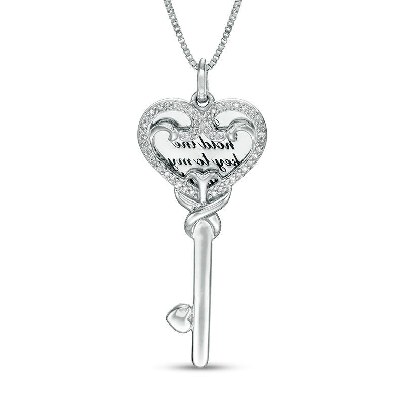 0.13 CT. T.W. Natural Diamond Love Message Disc and Heart-Top Key Pendant in Sterling Silver