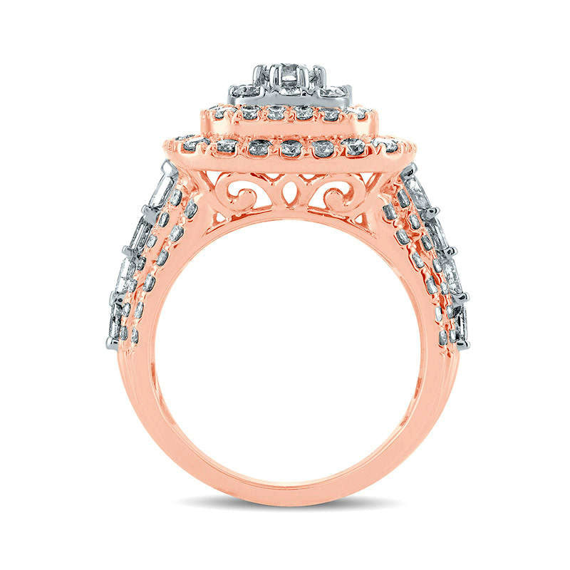 3.0 CT. T.W. Natural Diamond Triple Cushion Frame Multi-Row Engagement Ring in Solid 10K Rose Gold
