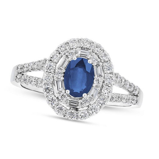 Oval Blue Sapphire and 0.63 CT. T.W. Natural Diamond Double Geometric Frame Split Shank Engagement Ring in Solid 18K White Gold