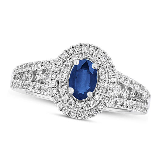 Oval Blue Sapphire and 0.63 CT. T.W. Natural Diamond Double Frame Split Shank Engagement Ring in Solid 18K White Gold