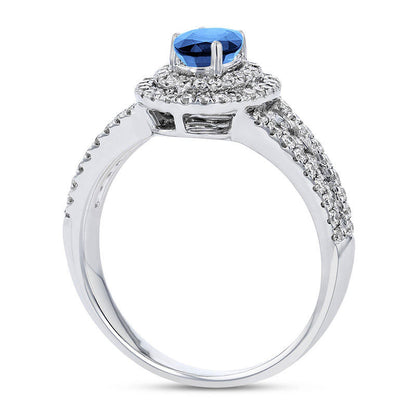 Oval Blue Sapphire and 0.63 CT. T.W. Natural Diamond Double Frame Split Shank Engagement Ring in Solid 18K White Gold