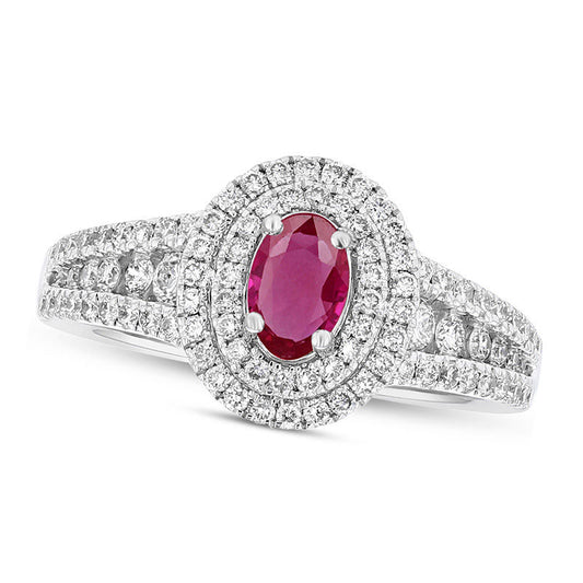 Oval Ruby and 0.63 CT. T.W. Natural Diamond Double Frame Split Shank Engagement Ring in Solid 18K White Gold