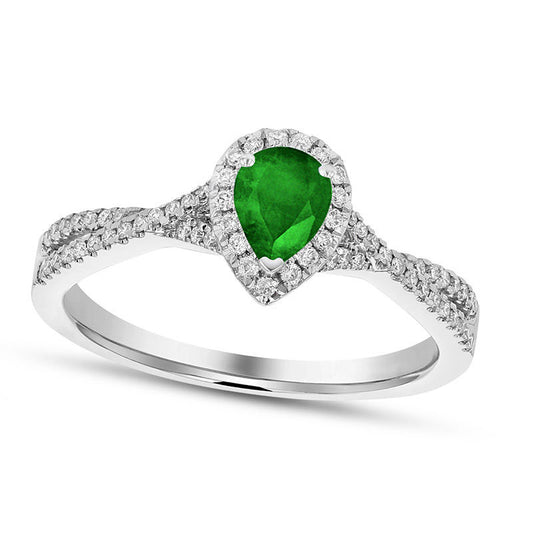 Pear-Shaped Emerald and 0.20 CT. T.W. Natural Diamond Frame Crossover Engagement Ring in Solid 18K White Gold